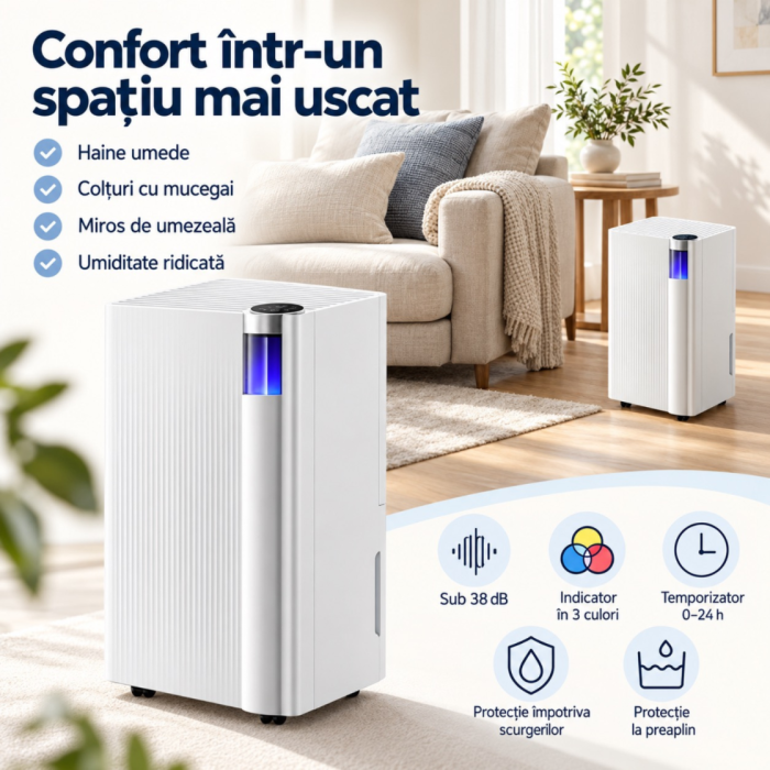 Dezumidificator VarioShop® cu Wi-Fi, 12 l/24 h, pentru camere pana la 25 m², rezervor 2 L, drenaj continuu, 38 dB, control prin aplicatie, 25 x 22 x 44.6 cm, alb [5]