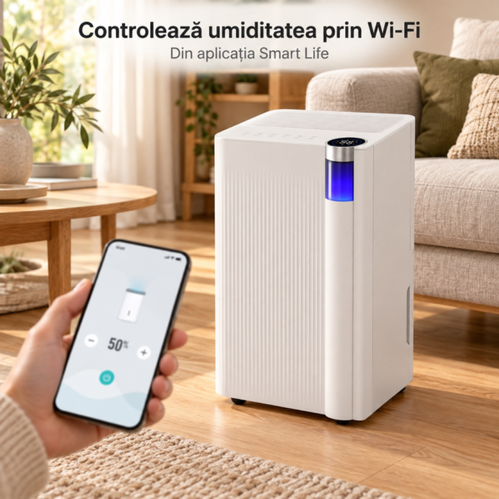 Dezumidificator VarioShop® cu Wi-Fi, 12 l/24 h, pentru camere pana la 25 m², rezervor 2 L, drenaj continuu, 38 dB, control prin aplicatie, 25 x 22 x 44.6 cm, alb [7]