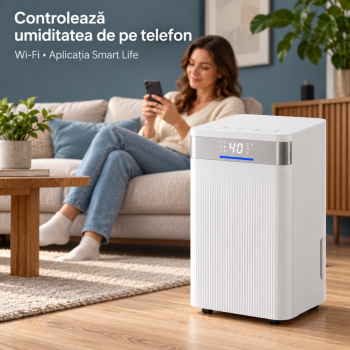 Dezumidificator VarioShop® cu Wi-Fi, control prin aplicatie, capacitate 12 l/zi, pentru camere pana la 25 m², rezervor 2 l, drenaj continuu cu furtun, silentios 38 dB, mod uscare rufe, 25 x 22 x 44.5 [7]