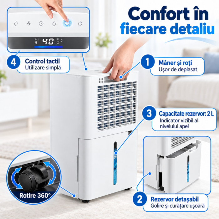 Dezumidificator VarioShop® cu Wi-Fi, control prin aplicatie, capacitate 12 l/zi, pentru camere pana la 25 m², rezervor 2 l, drenaj continuu cu furtun, silentios 38 dB, mod uscare rufe, 25 x 22 x 44.5 [2]