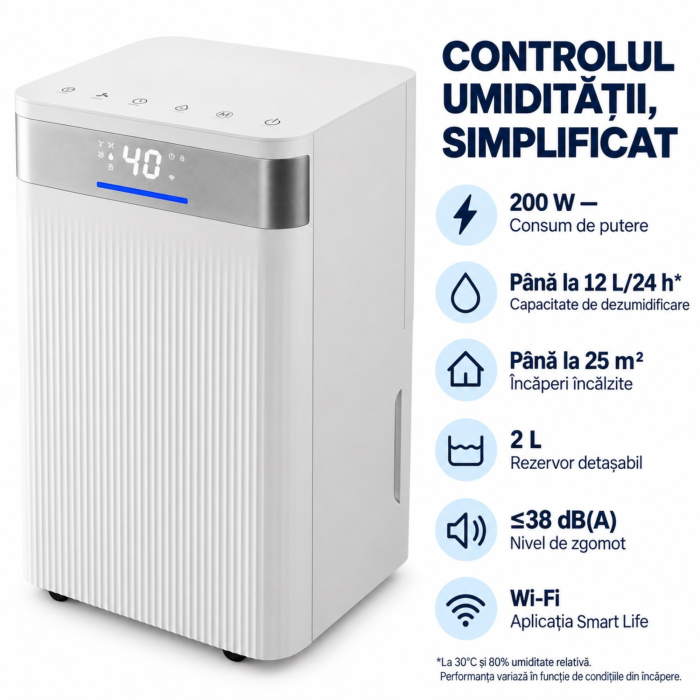Dezumidificator VarioShop® cu Wi-Fi, control prin aplicatie, capacitate 12 l/zi, pentru camere pana la 25 m², rezervor 2 l, drenaj continuu cu furtun, silentios 38 dB, mod uscare rufe, 25 x 22 x 44.5 [5]