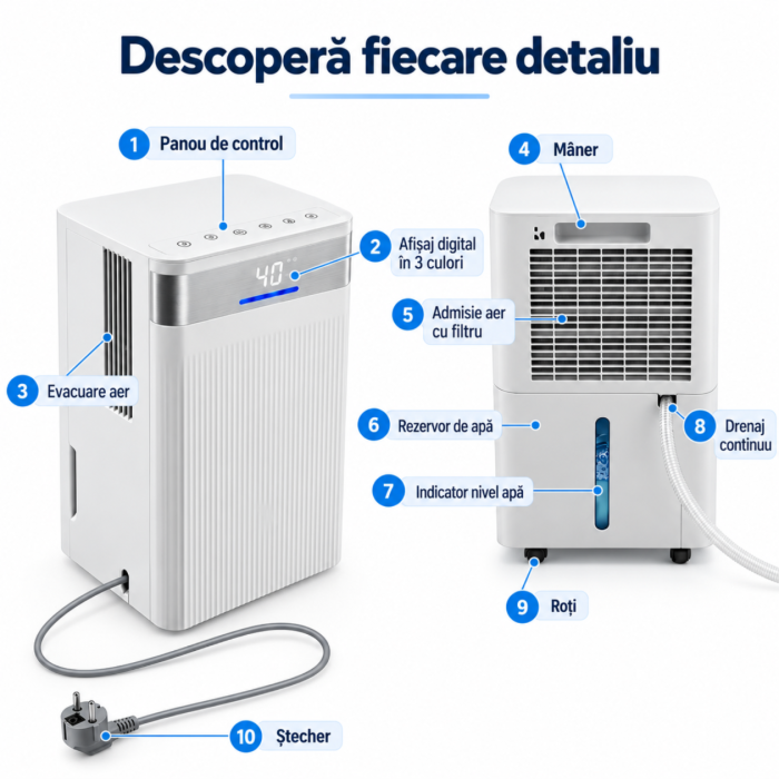 Dezumidificator VarioShop® cu Wi-Fi, control prin aplicatie, capacitate 12 l/zi, pentru camere pana la 25 m², rezervor 2 l, drenaj continuu cu furtun, silentios 38 dB, mod uscare rufe, 25 x 22 x 44.5 [3]