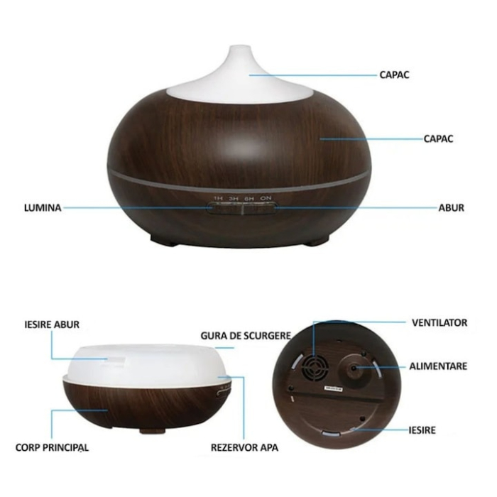 Difuzor de aroma si umidificator cu ultrasunete VarioShop®, ionizator, lampa LED si telecomanda, 400 ml, aromaterapie cu 3 uleiuri incluse, temporizator, functionare silentioasa, Maro [5]