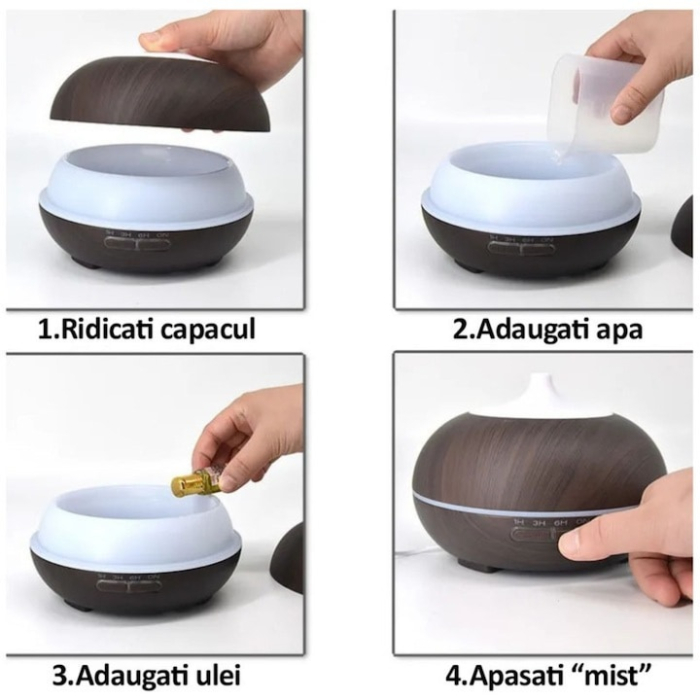 Difuzor de aroma si umidificator cu ultrasunete VarioShop®, ionizator, lampa LED si telecomanda, 400 ml, aromaterapie cu 3 uleiuri incluse, temporizator, functionare silentioasa, Maro [4]