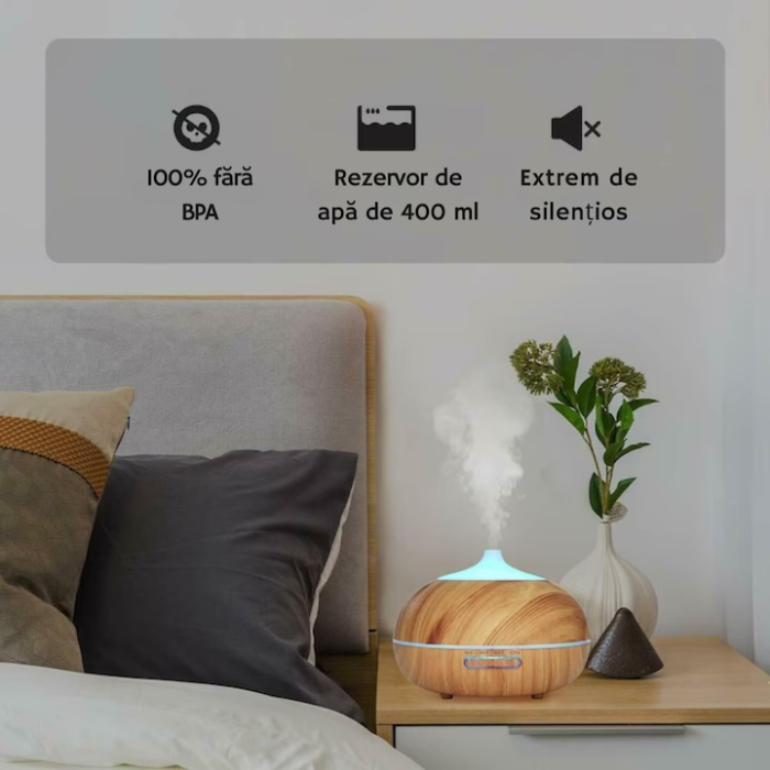 Difuzor de aroma si umidificator cu ultrasunete VarioShop®, ionizator, lampa LED si telecomanda, 400 ml, aromaterapie cu 3 uleiuri incluse, temporizator, functionare silentioasa, Crem [7]