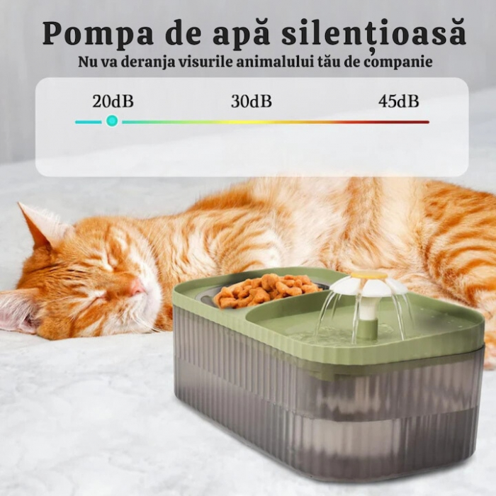 Dispenser automat de apa VarioShop®, tip fantana cu floare pentru pisici si caini, bol pentru mancare, purificare si filtrare prin carbune activ, cu pompa inteligenta, ultra-silentios, 3L, Verde [5]
