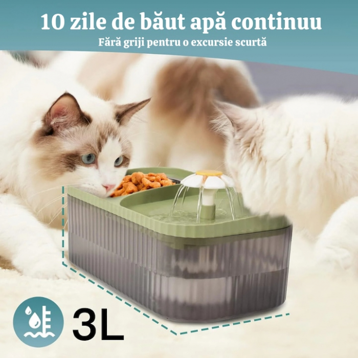 Dispenser automat de apa VarioShop®, tip fantana cu floare pentru pisici si caini, bol pentru mancare, purificare si filtrare prin carbune activ, cu pompa inteligenta, ultra-silentios, 3L, Verde [3]