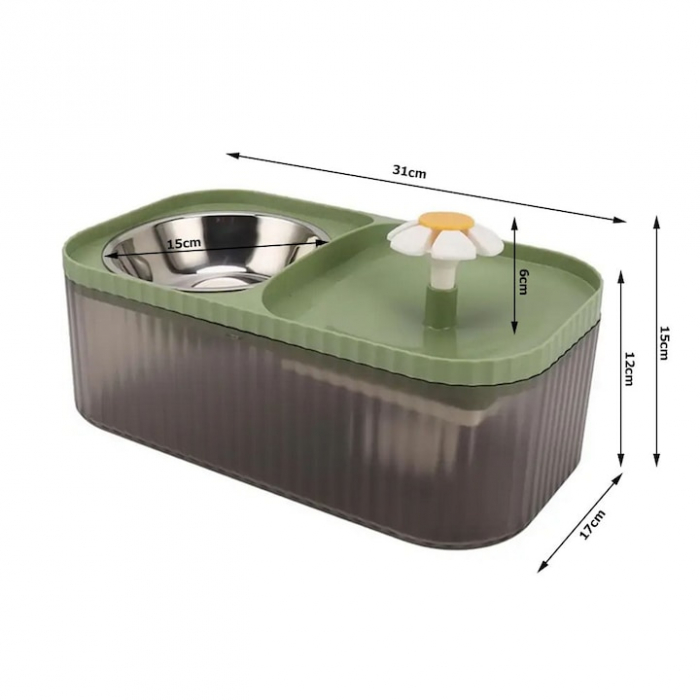 Dispenser automat de apa VarioShop®, tip fantana cu floare pentru pisici si caini, bol pentru mancare, purificare si filtrare prin carbune activ, cu pompa inteligenta, ultra-silentios, 3L, Verde [17]