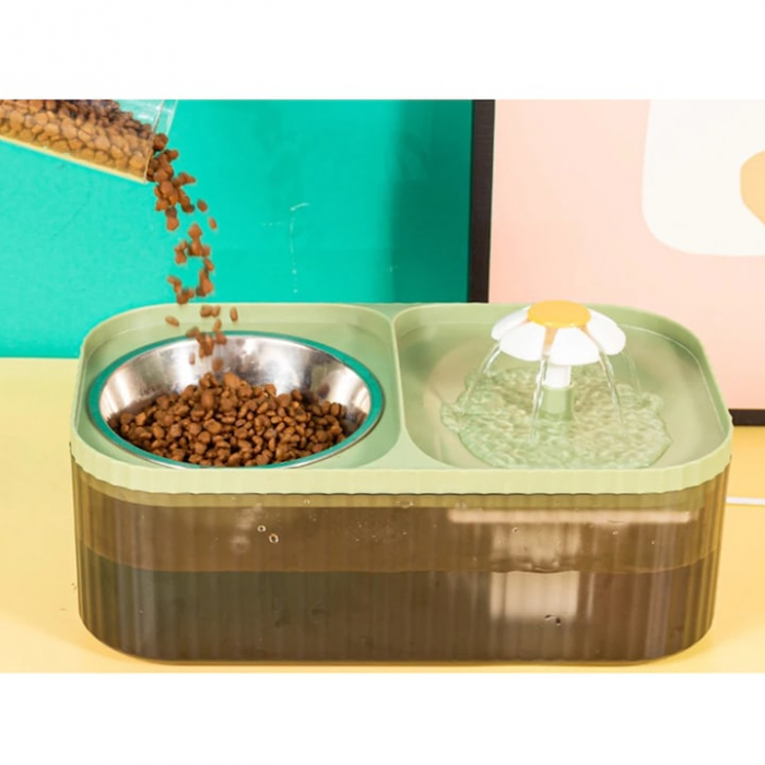 Dispenser automat de apa VarioShop®, tip fantana cu floare pentru pisici si caini, bol pentru mancare, purificare si filtrare prin carbune activ, cu pompa inteligenta, ultra-silentios, 3L, Verde [15]