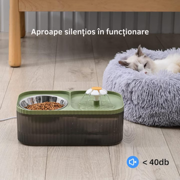 Dispenser automat de apa VarioShop®, tip fantana cu floare pentru pisici si caini, bol pentru mancare, purificare si filtrare prin carbune activ, cu pompa inteligenta, ultra-silentios, 3L, Verde [7]