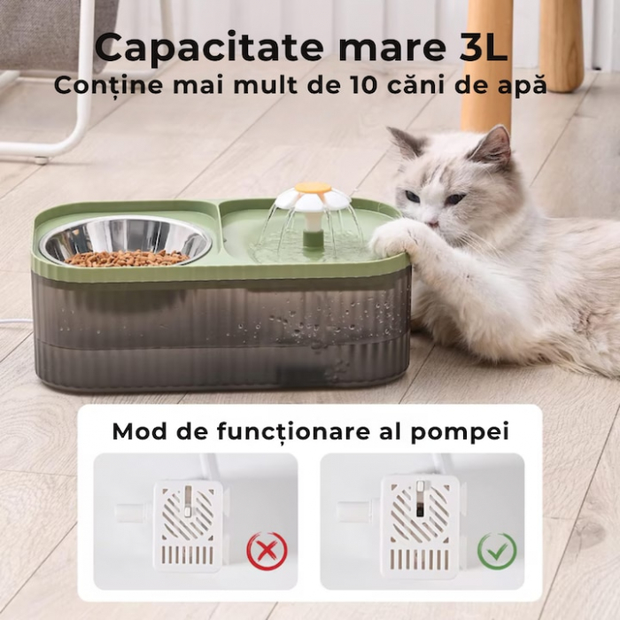 Dispenser automat de apa VarioShop®, tip fantana cu floare pentru pisici si caini, bol pentru mancare, purificare si filtrare prin carbune activ, cu pompa inteligenta, ultra-silentios, 3L, Verde [9]