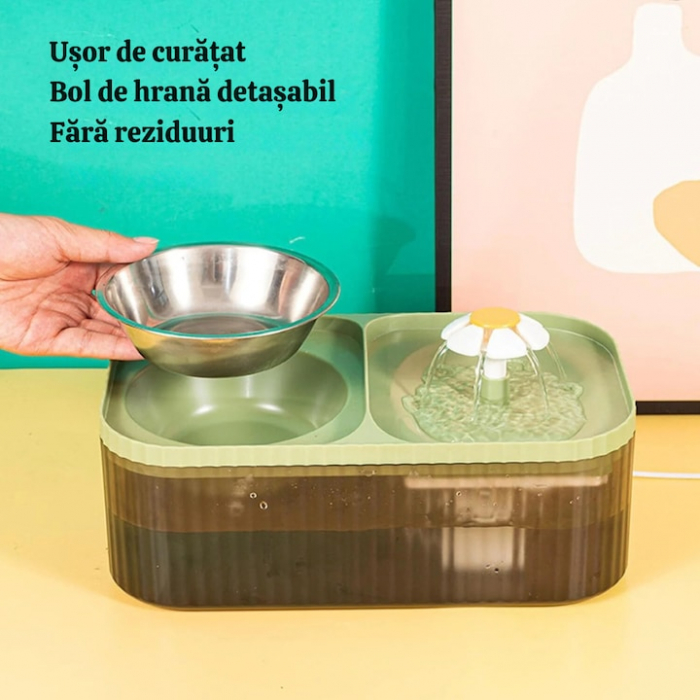 Dispenser automat de apa VarioShop®, tip fantana cu floare pentru pisici si caini, bol pentru mancare, purificare si filtrare prin carbune activ, cu pompa inteligenta, ultra-silentios, 3L, Verde [10]
