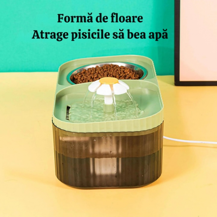 Dispenser automat de apa VarioShop®, tip fantana cu floare pentru pisici si caini, bol pentru mancare, purificare si filtrare prin carbune activ, cu pompa inteligenta, ultra-silentios, 3L, Verde [11]