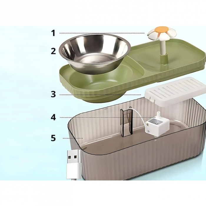 Dispenser automat de apa VarioShop®, tip fantana cu floare pentru pisici si caini, bol pentru mancare, purificare si filtrare prin carbune activ, cu pompa inteligenta, ultra-silentios, 3L, Verde [16]