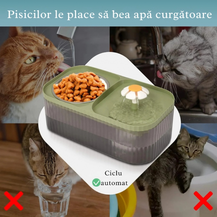 Dispenser automat de apa VarioShop®, tip fantana cu floare pentru pisici si caini, bol pentru mancare, purificare si filtrare prin carbune activ, cu pompa inteligenta, ultra-silentios, 3L, Verde [4]