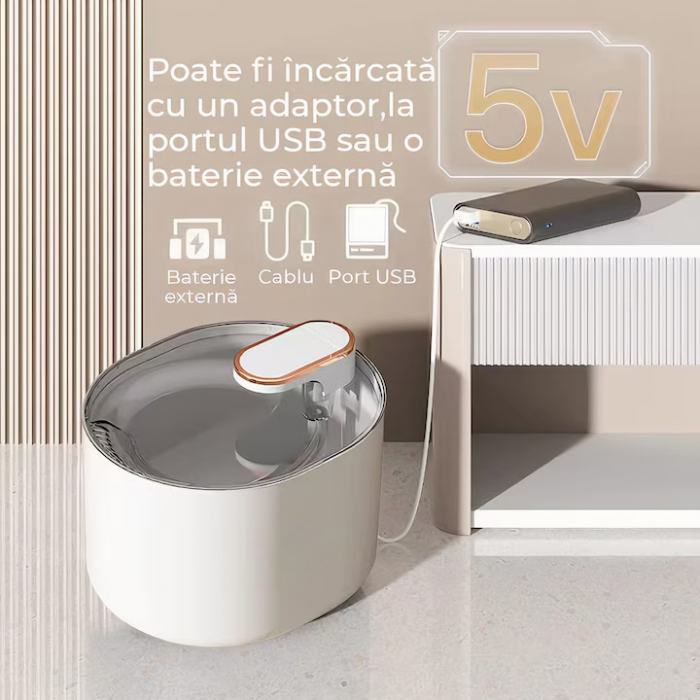 Dispenser automat de apa VarioShop®, tip fantana pentru pisici si caini, cu purificare si filtrare prin carbune activ, ultra-silentios, led luminos, 3L, adaptor priza, Alb [13]