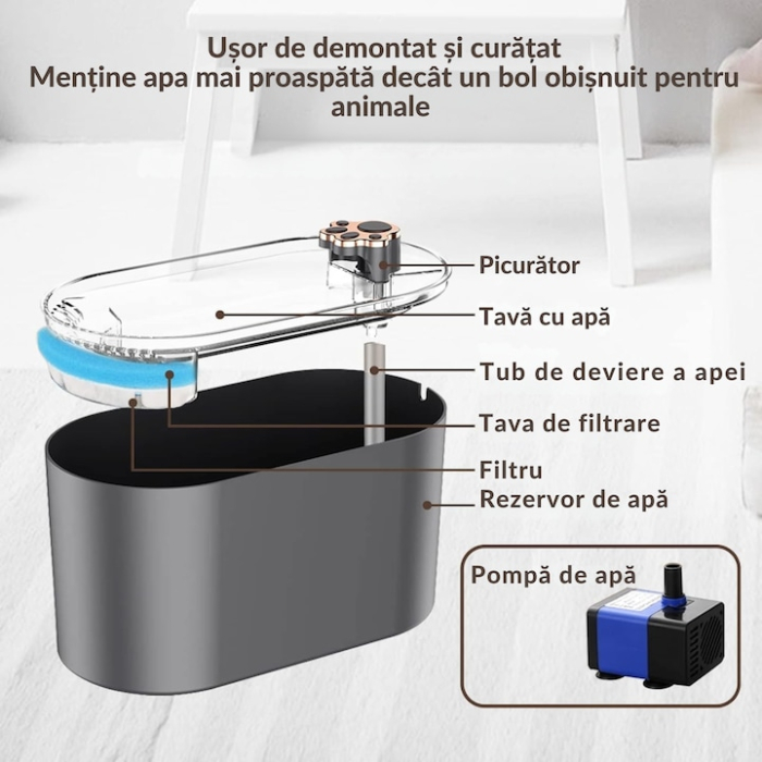 Dispenser automat de apa VarioShop®, tip fantana, pentru pisici si caini, ultra-silentios, curatare rapida, 3 L, autonomie pana la 8 zile, 25 x 13 x 13 cm, Gri inchis [4]