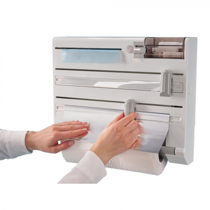 Dispenser de bucatarie 5 in 1 VarioShop® pentru prosoape de hartie si folie alimentara, fixare pe perete, Alb [3]