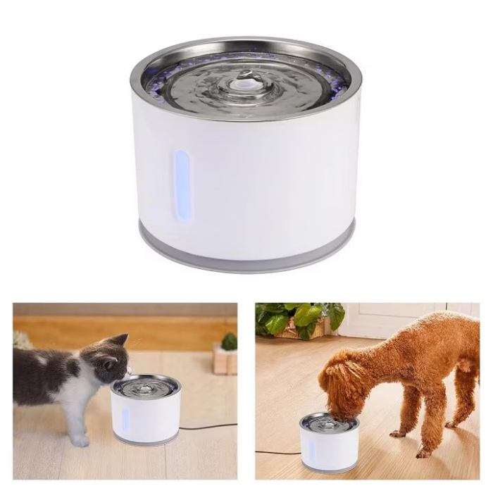 Dispenser/Fantana automata pentru animale de companie VarioShop®, Cu purificare si filtrare prin carbune activ, 3 trepte de reglare debit, Iluminare LED, Adaptor USB priza, Capacitate 2.4 l, Alb [9]