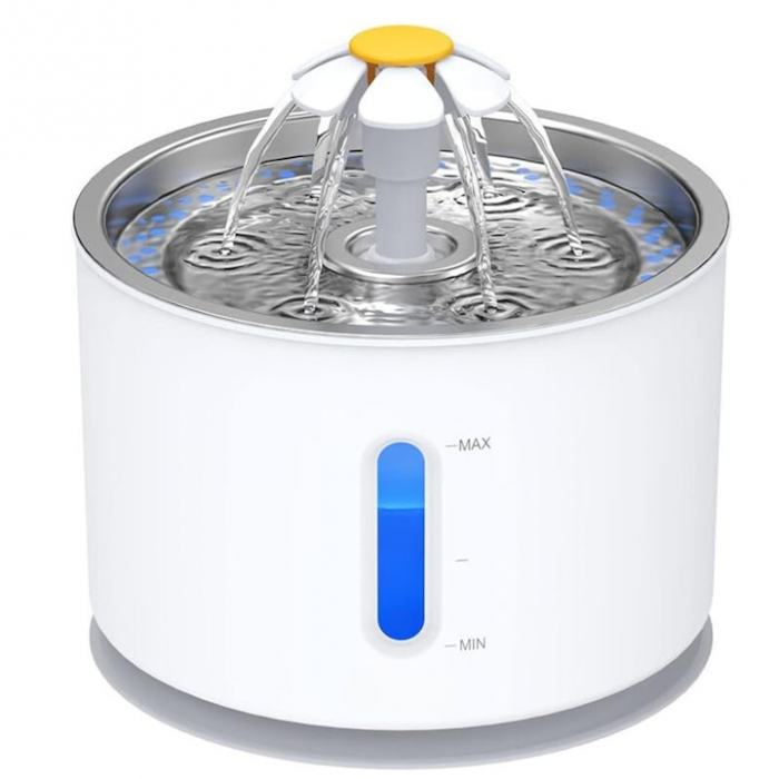 Dispenser/Fantana automata pentru animale de companie VarioShop®, Cu purificare si filtrare prin carbune activ, 3 trepte de reglare debit, Iluminare LED, Adaptor USB priza, Capacitate 2.4 l, Alb [1]