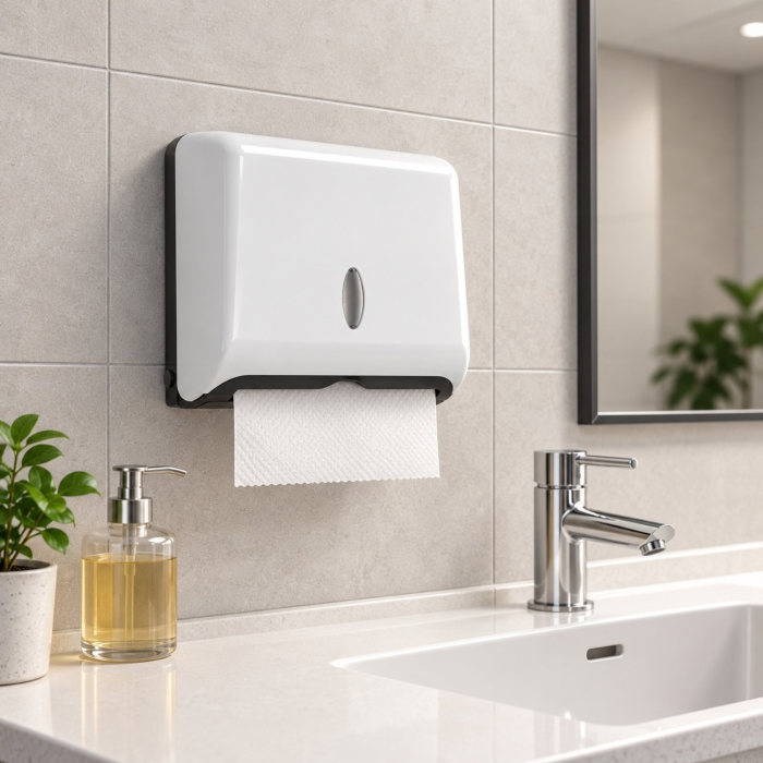 Dispenser hartie VarioShop®, pentru prosoape pliate, montare pe perete, fereastra de vizualizare, kit montaj si elemente autoadezive incluse, alb [8]