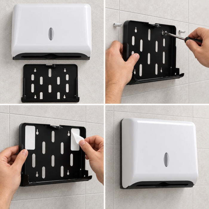 Dispenser hartie VarioShop®, pentru prosoape pliate, montare pe perete, fereastra de vizualizare, kit montaj si elemente autoadezive incluse, alb [9]