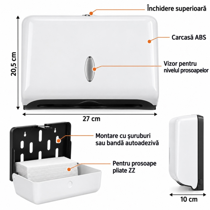 Dispenser hartie VarioShop®, pentru prosoape pliate, montare pe perete, fereastra de vizualizare, kit montaj si elemente autoadezive incluse, alb [6]