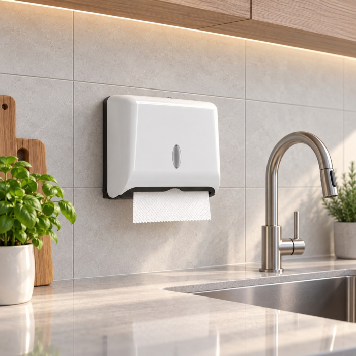 Dispenser hartie VarioShop®, pentru prosoape pliate, montare pe perete, fereastra de vizualizare, kit montaj si elemente autoadezive incluse, alb [7]