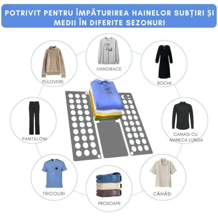 Dispozitiv pentru impaturit haine VarioShop®, pentru camasi, tricouri, pulovere, versatil, utilizare usoara, usor de depozitat, 60 x 70 cm, Gri [2]