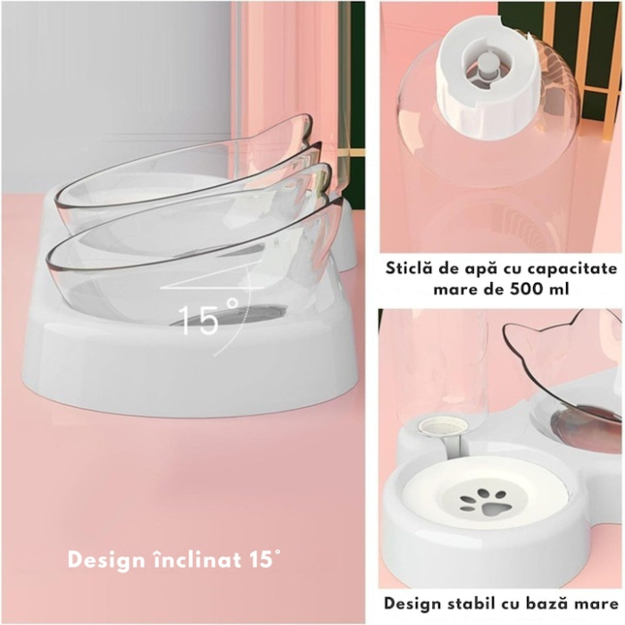 Dozator automat de apa si bol dublu pentru hranirea animalelor VarioShop®, boluri inclinate la 15 grade, rezervor de 0.5l, design compact si usor de curatat, 38 x 13.5 x 19 cm, Alb [5]