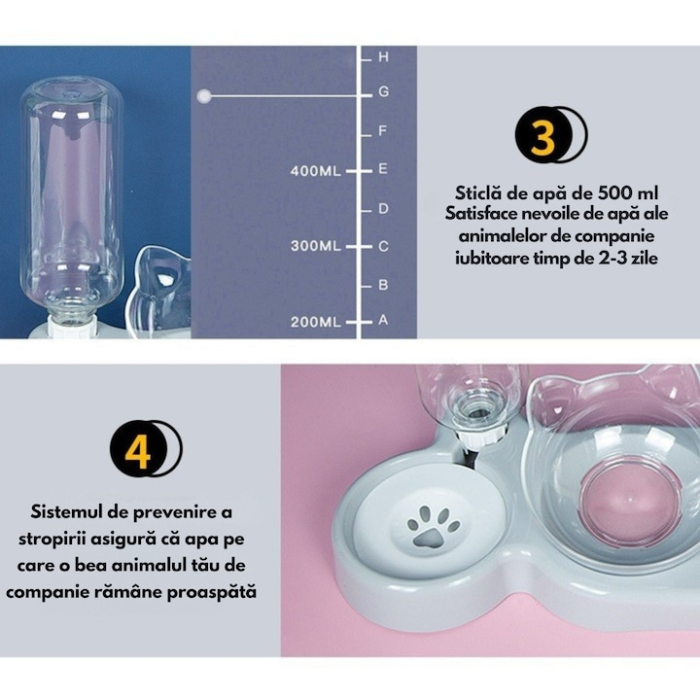 Dozator automat de apa si bol dublu pentru hranirea animalelor VarioShop®, boluri inclinate la 15 grade, rezervor de 0.5l, design compact si usor de curatat, 38 x 13.5 x 19 cm, Alb [3]