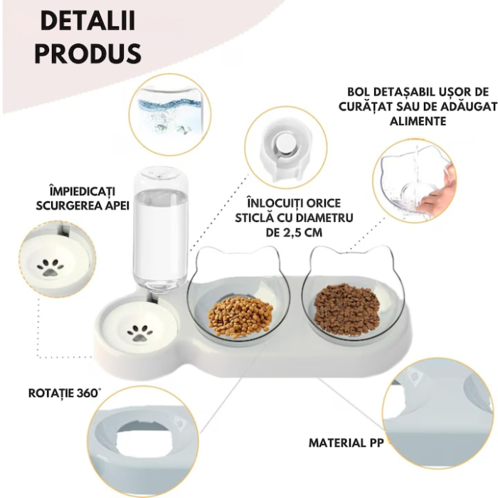 Dozator automat de apa si bol dublu pentru hranirea animalelor VarioShop®, boluri inclinate la 15 grade, rezervor de 0.5l, design compact si usor de curatat, 38 x 13.5 x 19 cm, Alb [6]