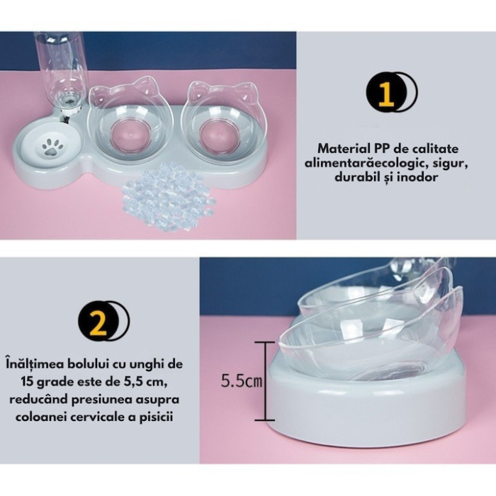 Dozator automat de apa si bol dublu pentru hranirea animalelor VarioShop®, boluri inclinate la 15 grade, rezervor de 0.5l, design compact si usor de curatat, 38 x 13.5 x 19 cm, Alb [2]