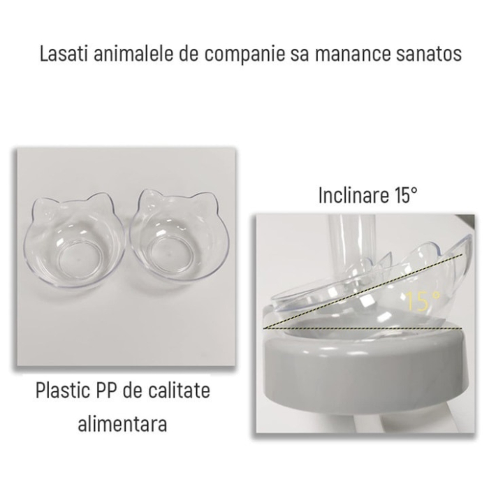 Dozator automat de apa si bol dublu pentru hranirea animalelor VarioShop®, boluri inclinate la 15 grade, rezervor de 0.5l, design compact si usor de curatat, 38 x 13.5 x 19 cm, Alb [9]