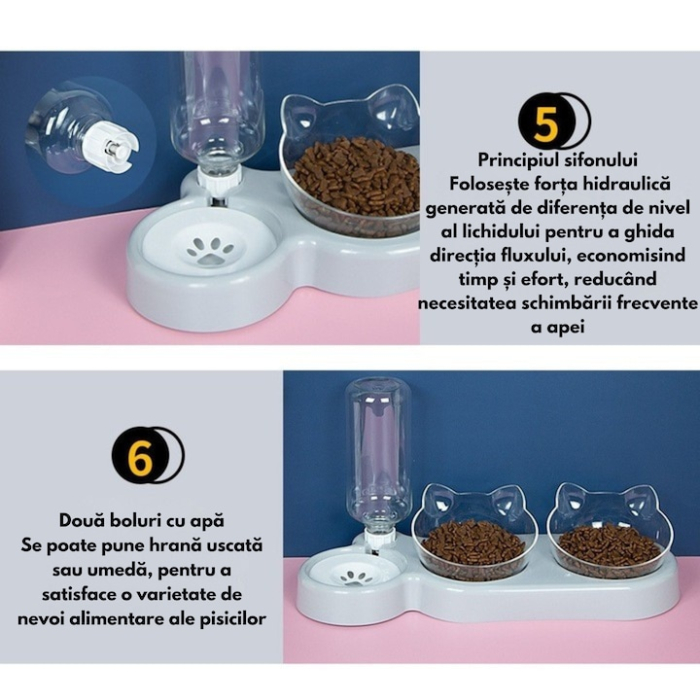 Dozator automat de apa si bol dublu pentru hranirea animalelor VarioShop®, boluri inclinate la 15 grade, rezervor de 0.5l, design compact si usor de curatat, 38 x 13.5 x 19 cm, Alb [4]