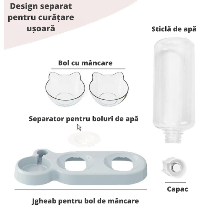 Dozator automat de apa si bol dublu pentru hranirea animalelor VarioShop®, boluri inclinate la 15 grade, rezervor de 0.5l, design compact si usor de curatat, 38 x 13.5 x 19 cm, Alb [7]