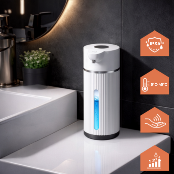 Dozator automat de sapun VarioShop®, 420 ml, senzor infrarosu fara atingere, afisaj LED, 4 niveluri dozare, acumulator 1200 mAh, incarcare USB-C, IPX5, alb [2]