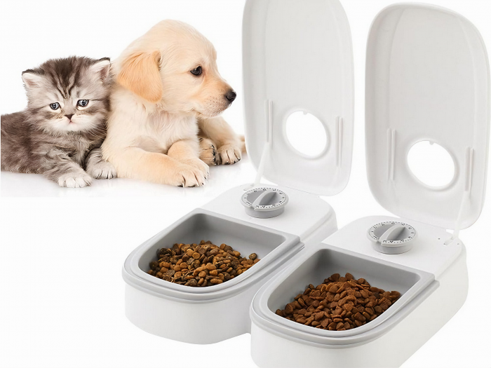 Dozator inteligent VarioShop® pentru animale de companie cu 2 camere din ABS, pentru hrana umeda sau uscata, temporizator de la 1 ora la 48 de ore, 28.5x24x7.5cm, Gri [1]