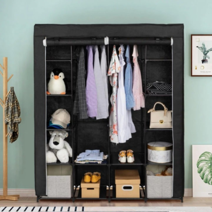 Dulap textil XXL cu 14 rafturi si 2 sine de umerase, structura metalica cu material netesut, 3 usi cu fermoar, mobil si pliabil, ideal pentru organizarea hainelor si economisirea spatiului [3]