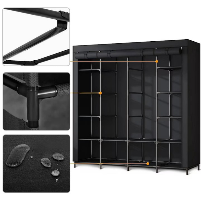 Dulap textil XXL cu 14 rafturi si 2 sine de umerase, structura metalica cu material netesut, 3 usi cu fermoar, mobil si pliabil, ideal pentru organizarea hainelor si economisirea spatiului [2]