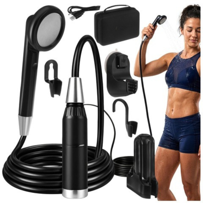 Dus portabil camping VarioShop 2200mAh wireless USB, pompa electrica submersibila, debit 3.5-4L/min, furtun 1.8m, impermeabil IPX8/IPX4, dus exterior pentru camping si rulote [2]