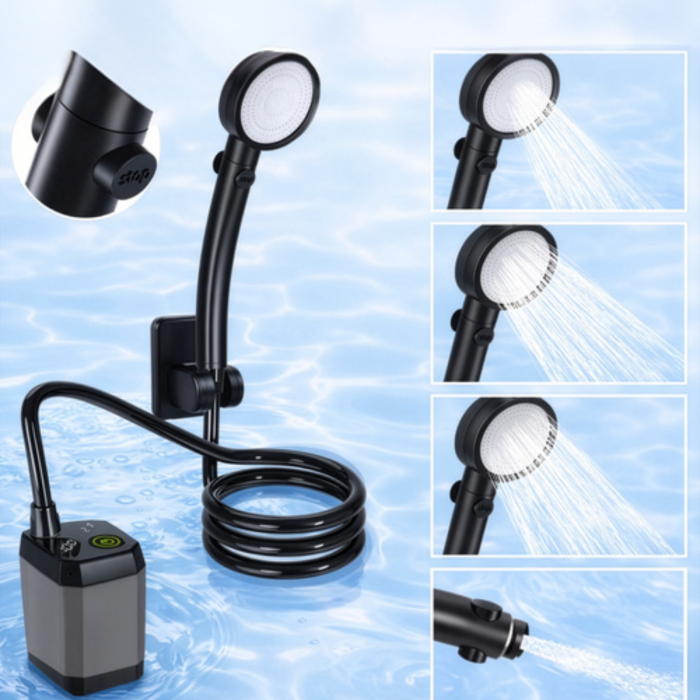 Dus portabil de camping VarioShop®, reincarcabil USB 6000mAh, pompa apa cu baterie, furtun 2m, afisaj LCD, utilizare outdoor camping si drumetii [6]