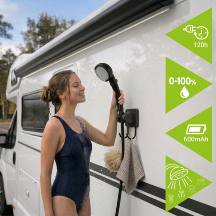 Dus portabil de camping VarioShop®, reincarcabil USB 6000mAh, pompa apa cu baterie, furtun 2m, afisaj LCD, utilizare outdoor camping si drumetii [2]
