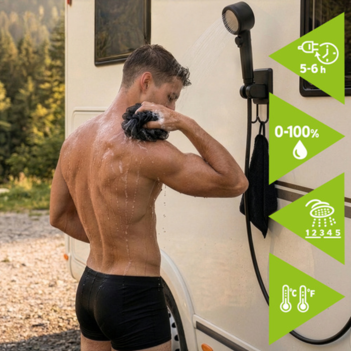 Dus portabil VarioShop®, reincarcabil 8000mAh, pompa electrica USB, afisaj LED, 5 trepte presiune, 4 moduri jet, IPX8, ideal camping, plaja, gradina [2]