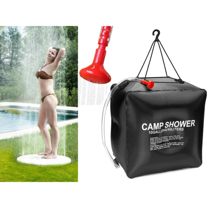 Dus solar portabil 40l VarioShop®, pentru camping gradina si plaja cu furtun si agatatoare, incalzire naturala a apei si design compact, Negru [3]