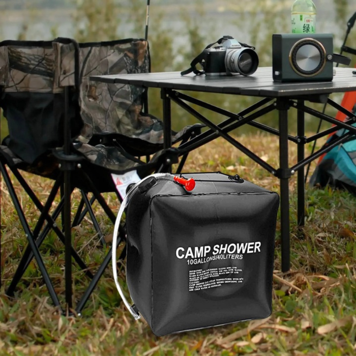 Dus solar portabil 40l VarioShop®, pentru camping gradina si plaja cu furtun si agatatoare, incalzire naturala a apei si design compact, Negru [7]