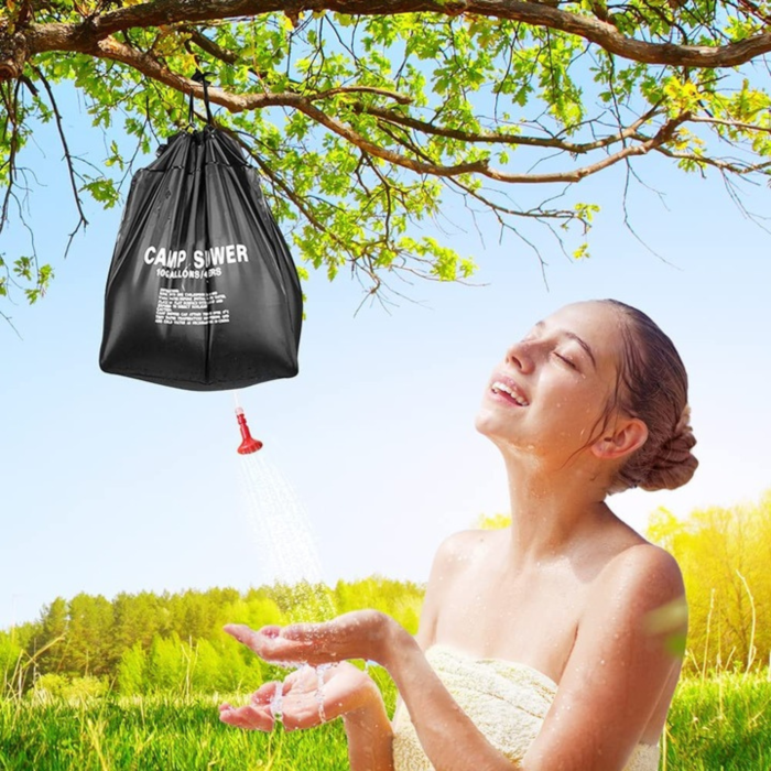 Dus solar portabil 40l VarioShop®, pentru camping gradina si plaja cu furtun si agatatoare, incalzire naturala a apei si design compact, Negru [4]