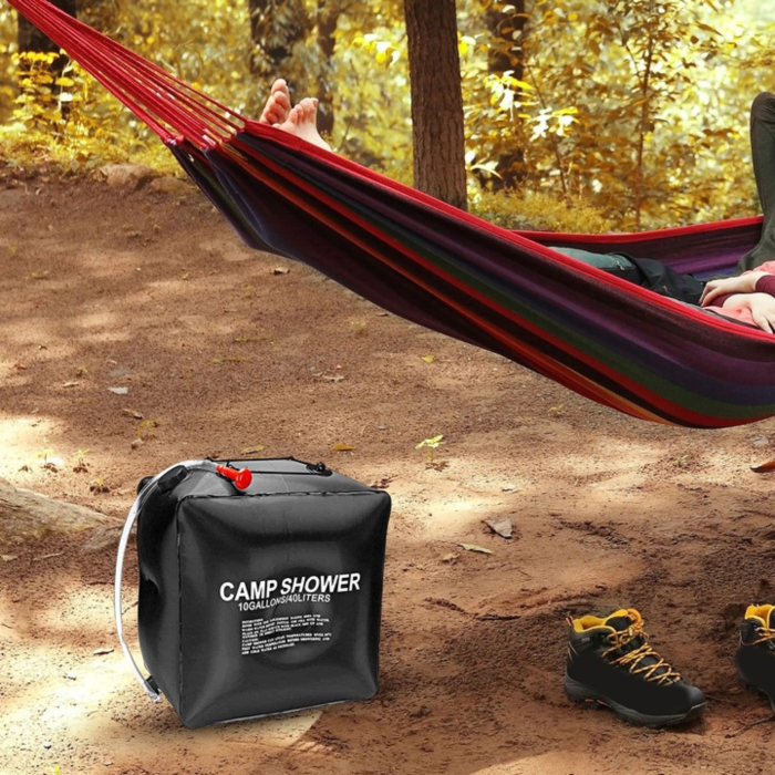 Dus solar portabil 40l VarioShop®, pentru camping gradina si plaja cu furtun si agatatoare, incalzire naturala a apei si design compact, Negru [8]