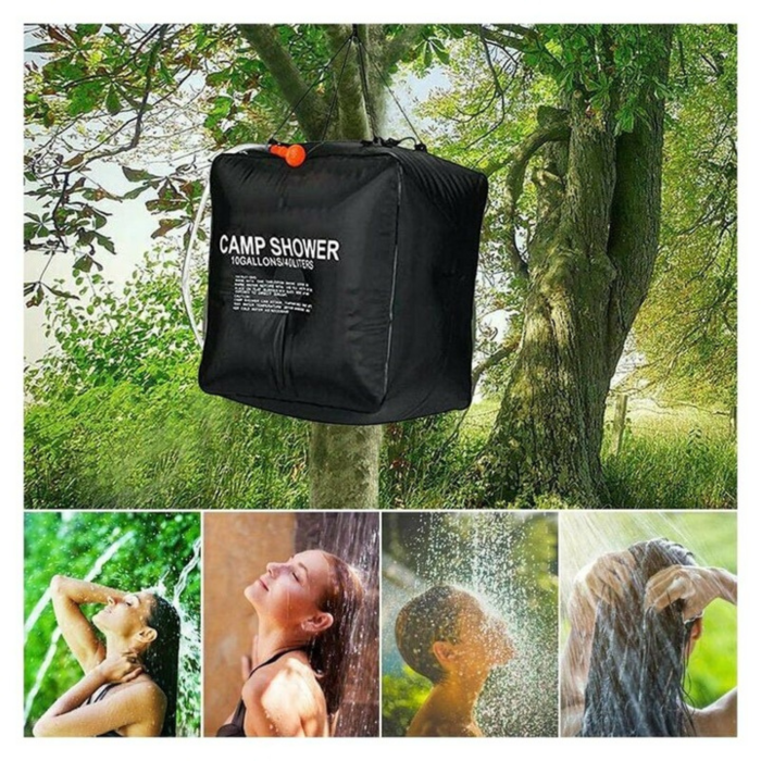 Dus solar portabil 40l VarioShop®, pentru camping gradina si plaja cu furtun si agatatoare, incalzire naturala a apei si design compact, Negru [2]