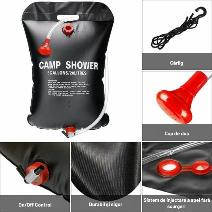 Dus solar portabil cu capacitate de 20l VarioShop®, incalzire solara eficienta si furtun flexibil, ideal pentru camping, excursii si activitati in aer liber, Negru [4]